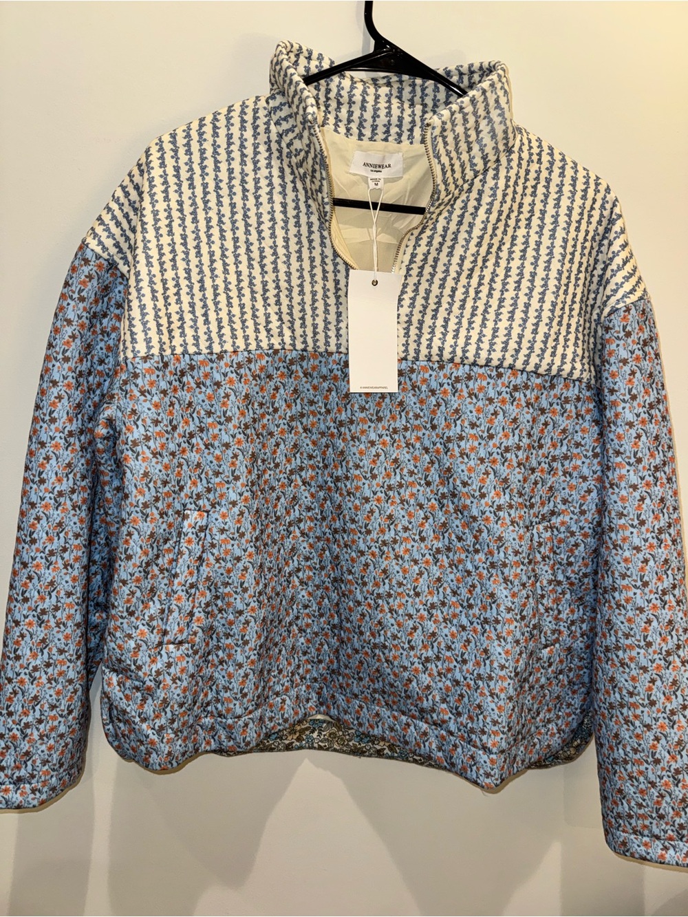 Anniewear Blue Floral Quilted Half-Zip Pullover Sweatshirt